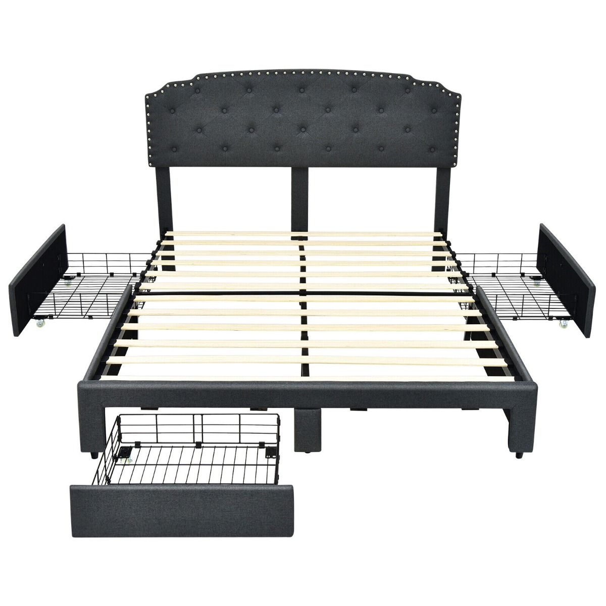 Upholstered Double Bed Frame with 4 Storage Drawers and Adjustable Headboard